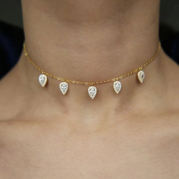 925 Diamond CZ Tear Drop Charm Necklace Choker 258 - Picture 2 of 5